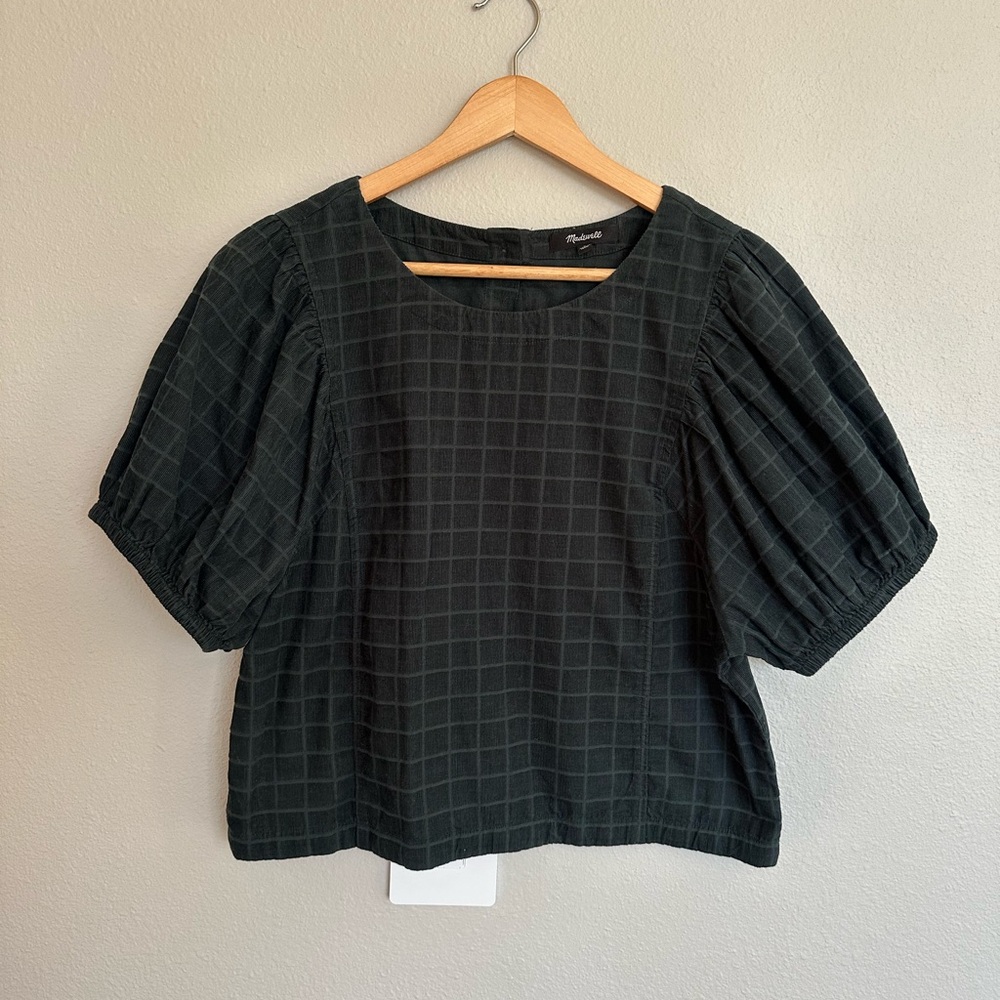 Madewell Checkered Dark Green Corduroy Puff Sleeve Cropped Blouse